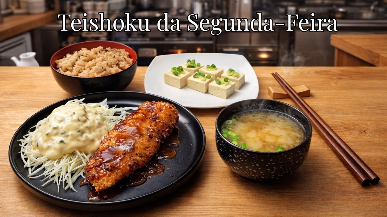 Teishoku japonês completo com peixe frito e acompanhamentos