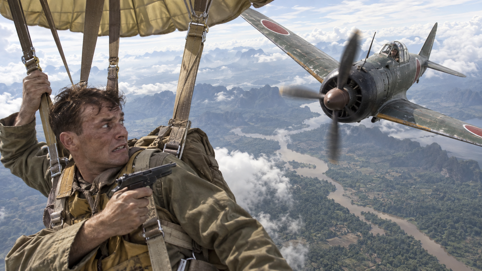 A fighter came after him while he was parachuting. Then he pulled out ...