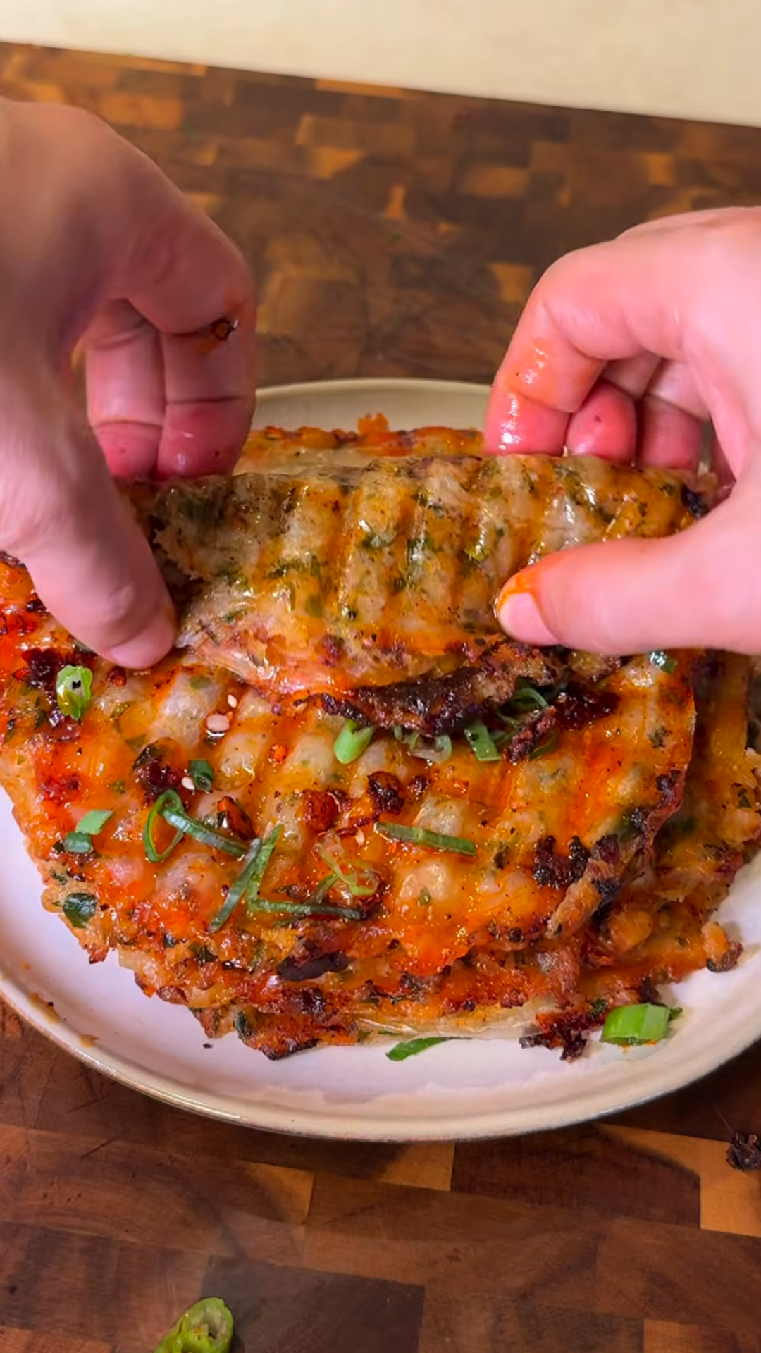 Making a crispy rice paper sandwich with mashed potato