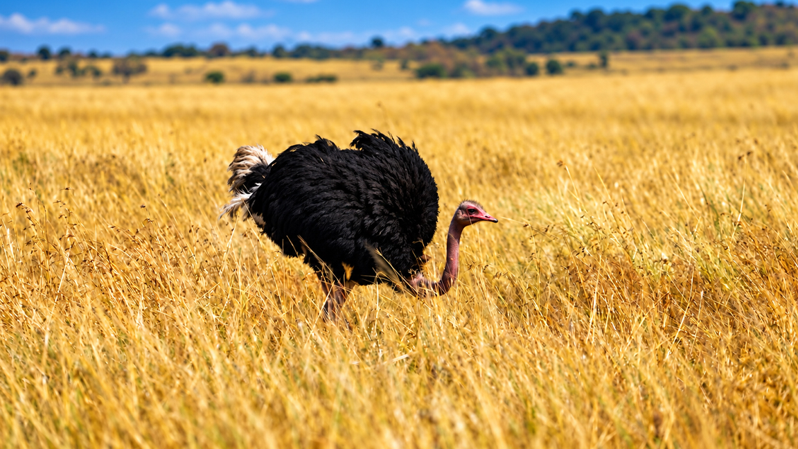 An ostrich wanders through the golden African grasslands