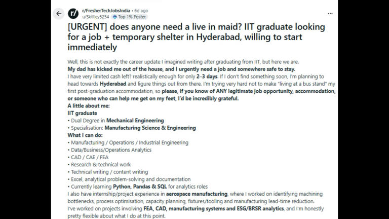 ‘Does Anyone Need A Live-In Maid?’: IIT Graduate Seeks Job And Shelter After Being Kicked Out By Dad, Plea Goes Viral