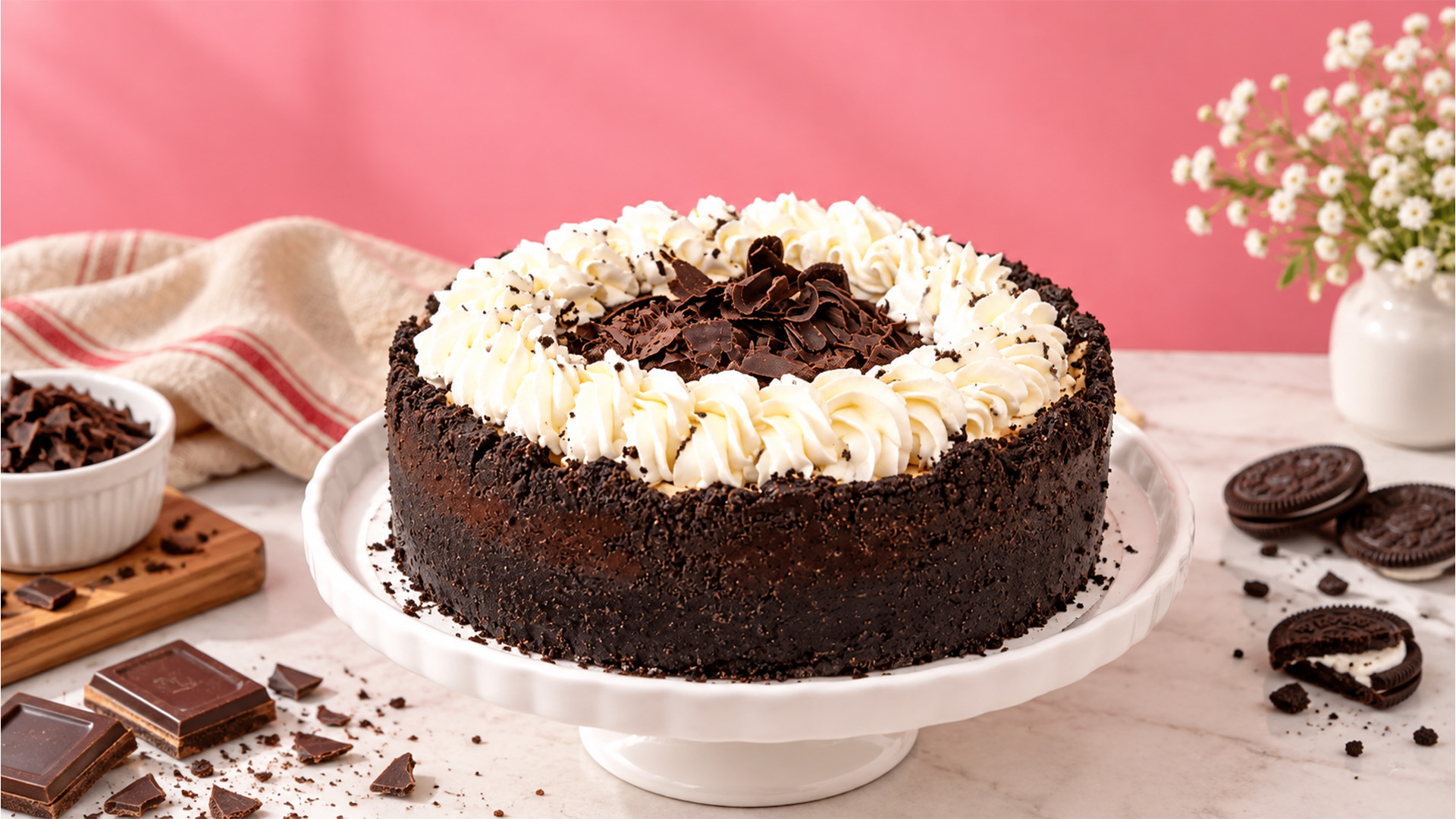 Dark chocolate cookie cake crowned with vanilla cream