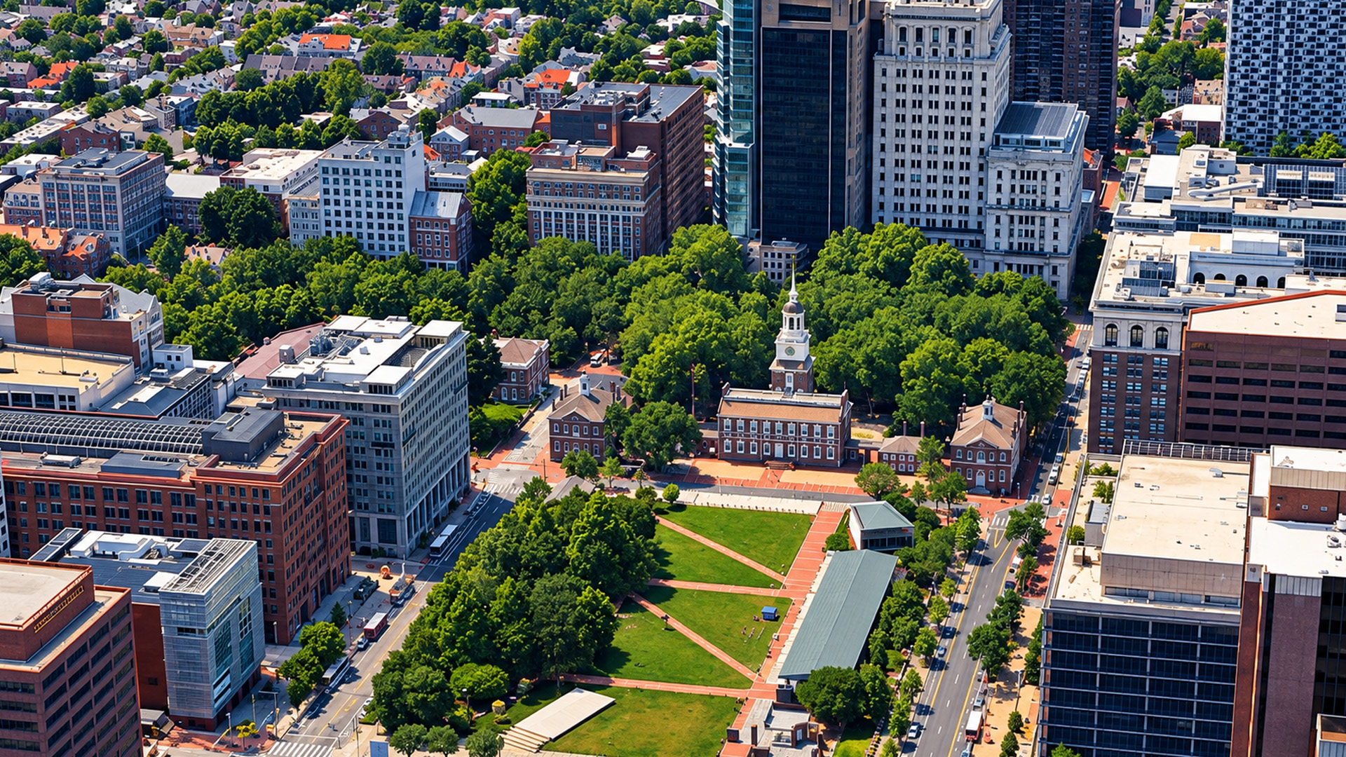 Independence National Historical Park from above in Philadelphia