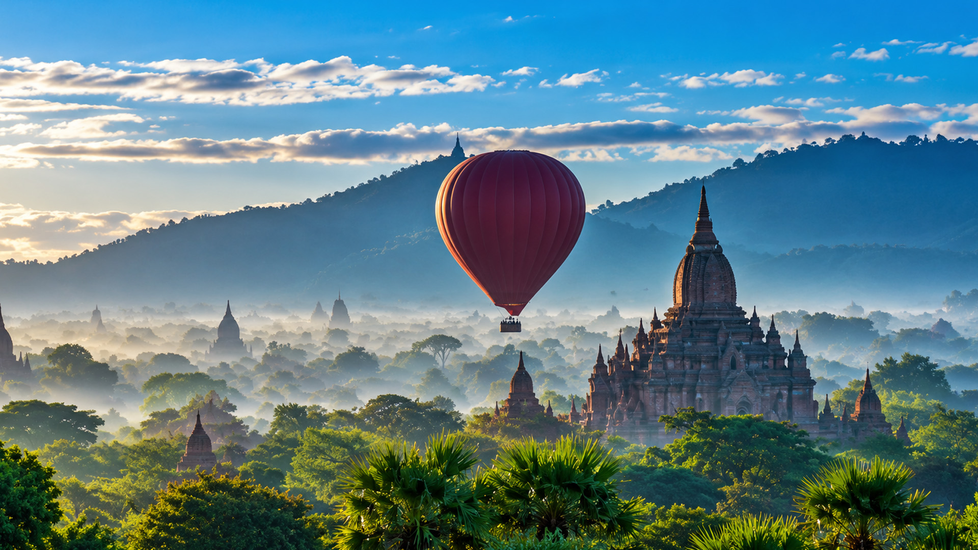 Balloons rising over ancient temples at sunrise