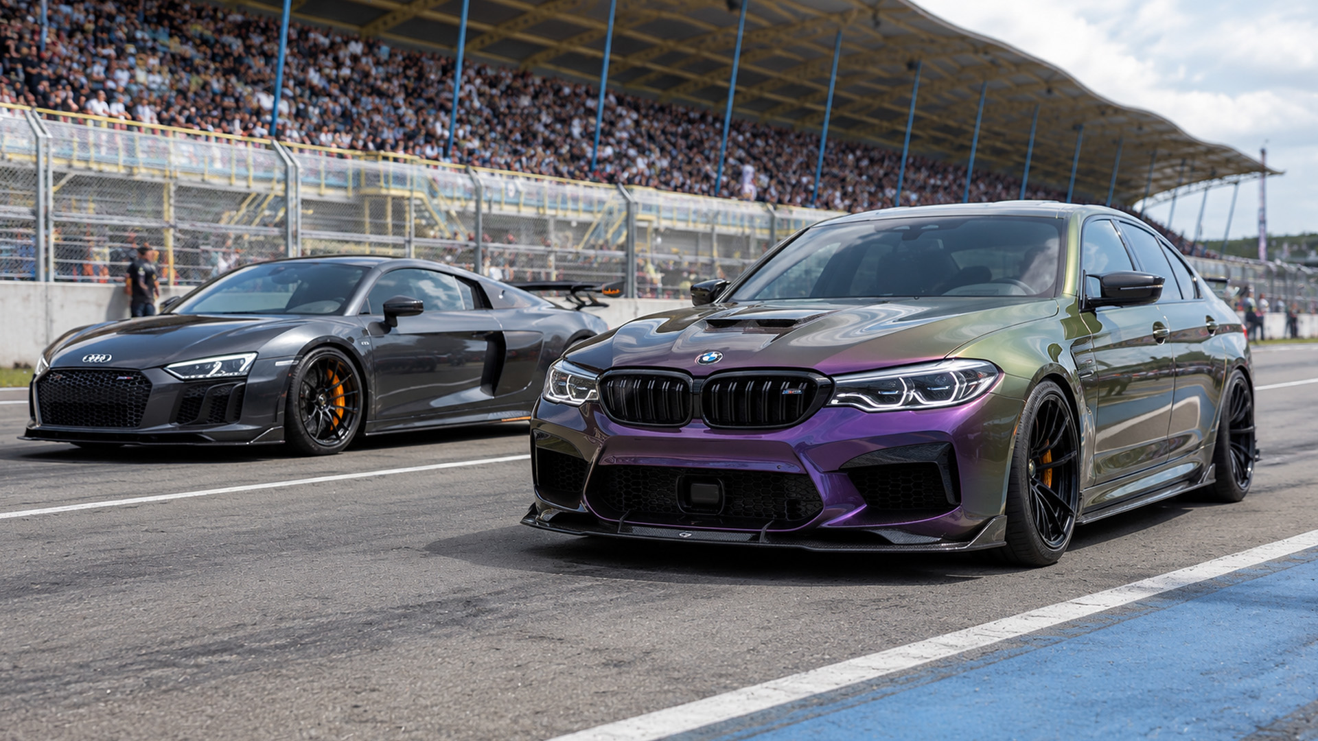 Modified BMW M5 F90 lines up with Audi R8 V10
