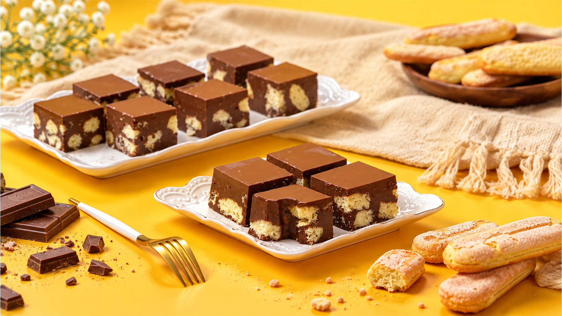 Chocolate biscuit squares with a smooth fudge finish