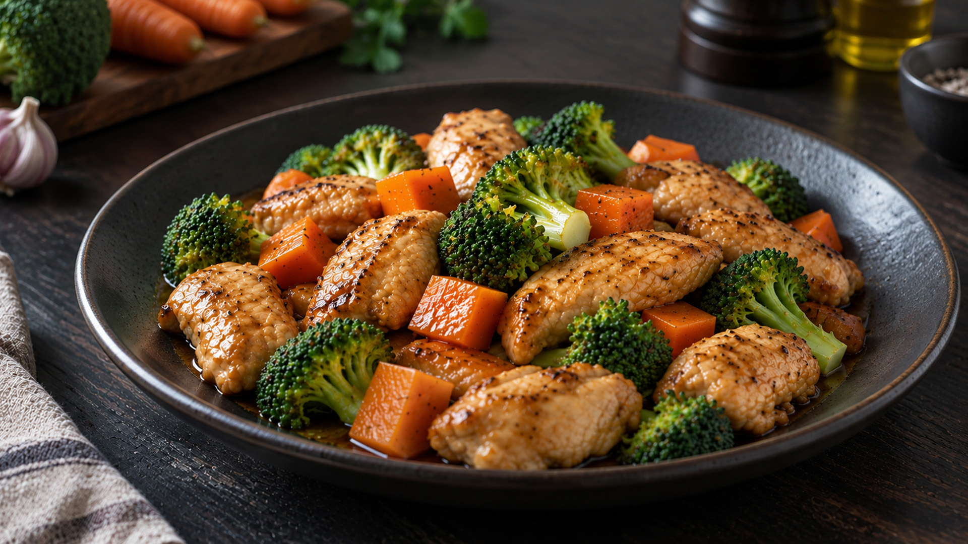 Chicken and broccoli in a rich savory sauce