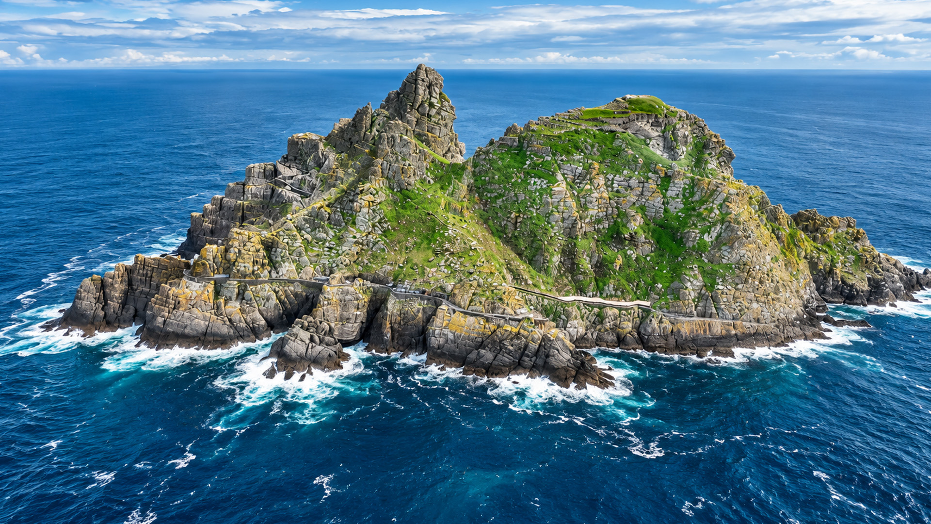 A medieval monastic island surrounded by open ocean