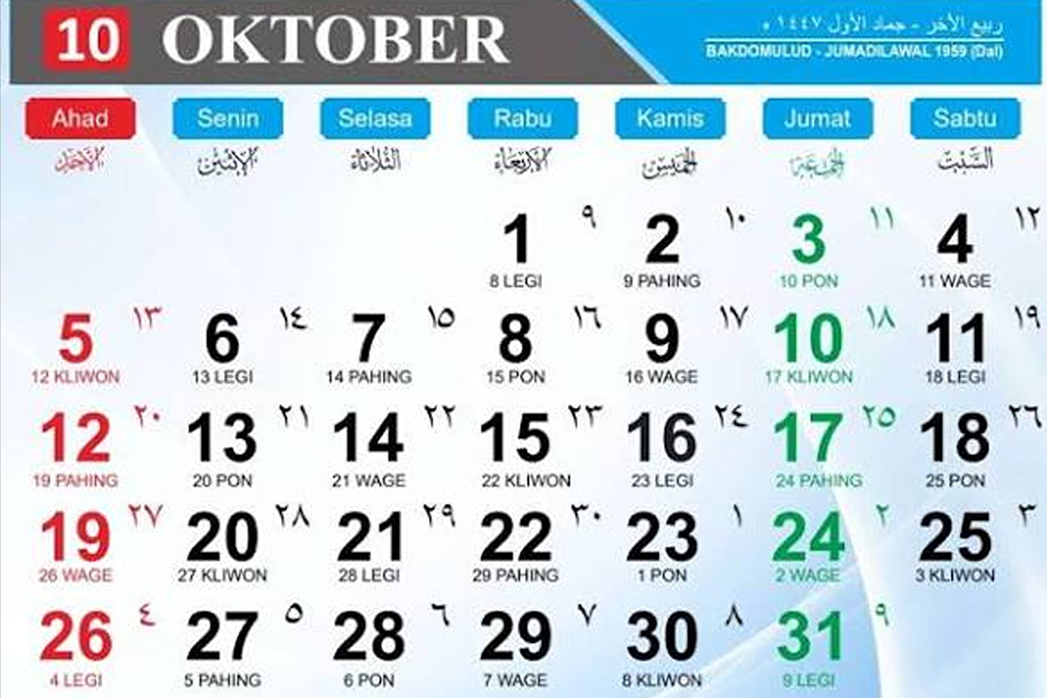 Kalender Jawa hari ini 22 Oktober 2026: Kamis Pahing, Neptu 17
