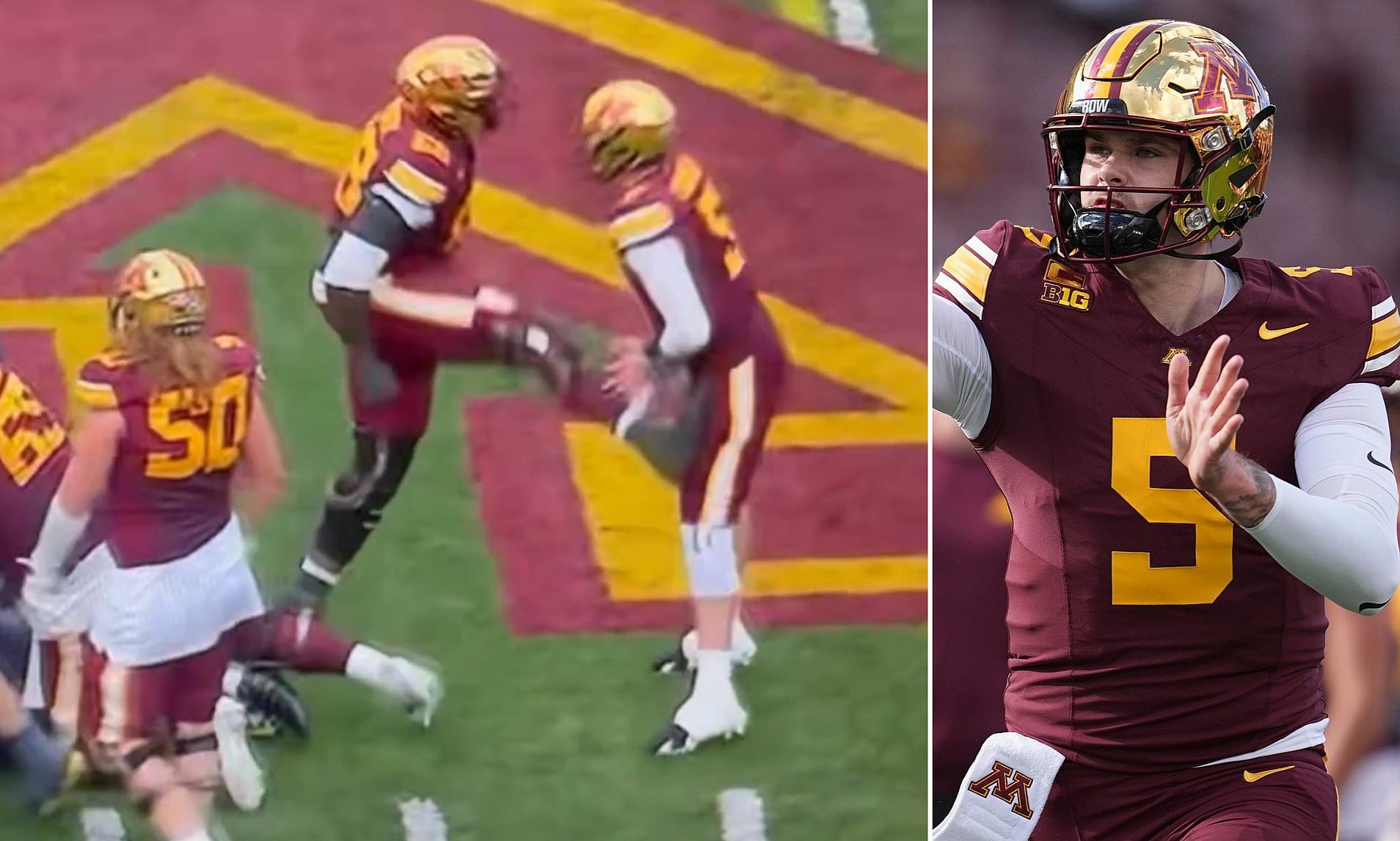 College football player kicks his own quarterback in the groin as ...