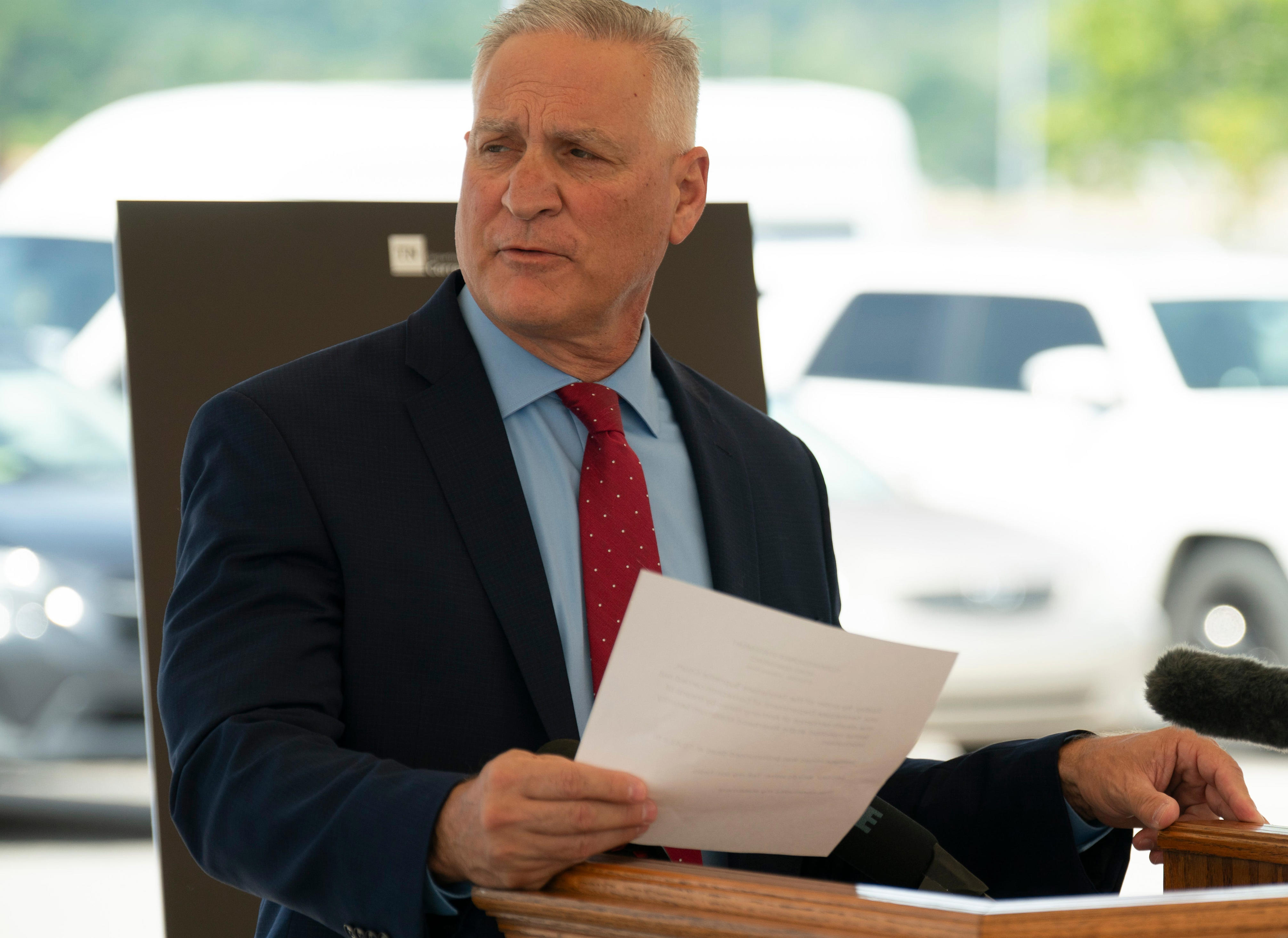 TDOC Commissioner Frank Strada addresses the media at Riverbend Maximum Security Institution in Nashville, on Thursday, Aug. 13, 2026.