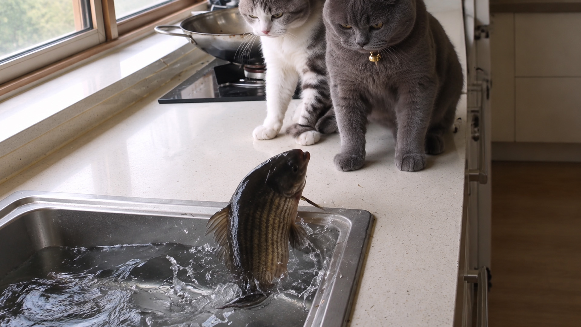 Two curious cats face an unexpected fish jumping from the sink
