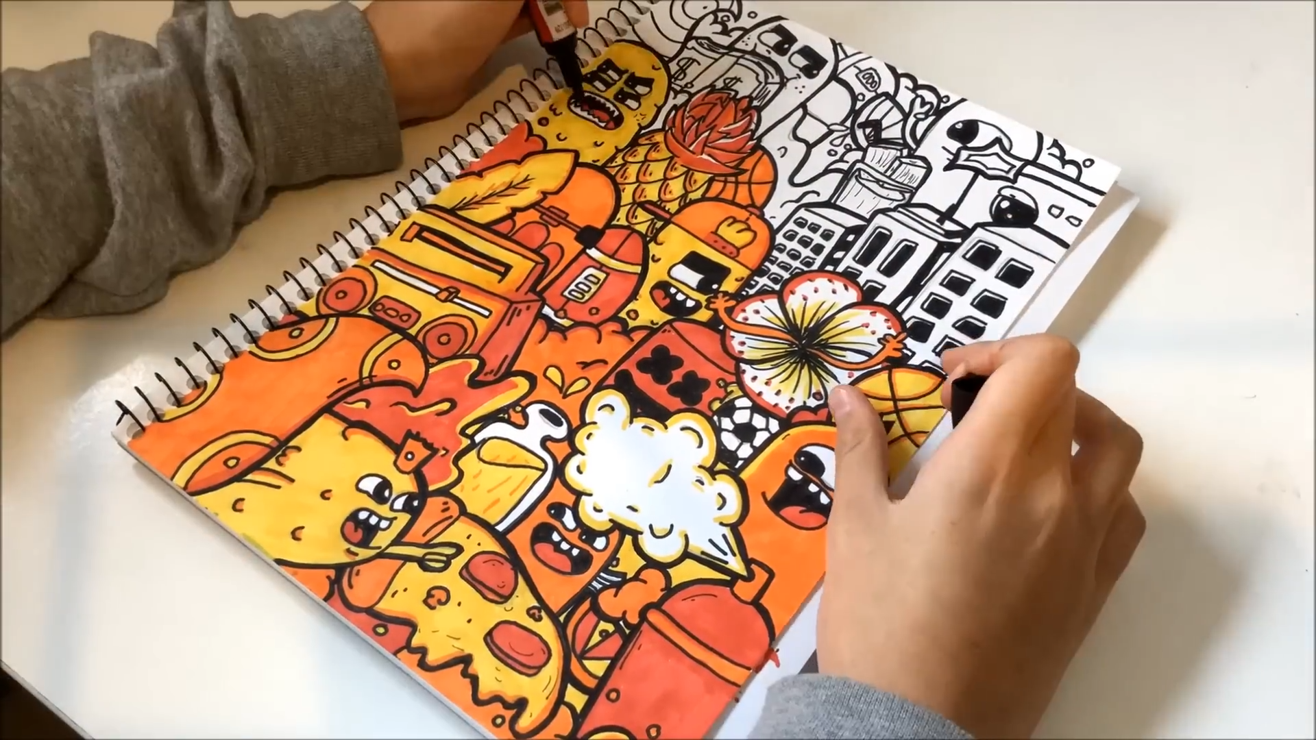 Fire colored time lapse transforms plain sketch into doodle art