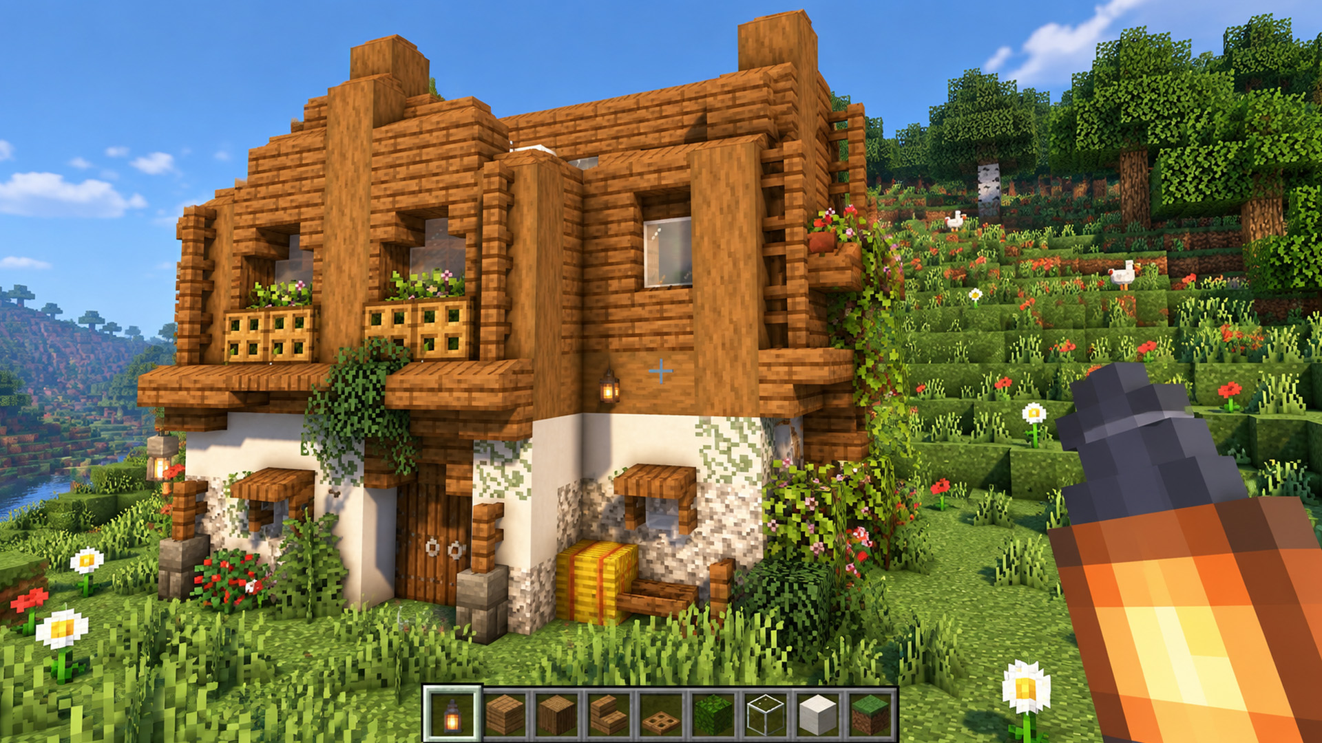 Cozy hillside survival base in Minecraft