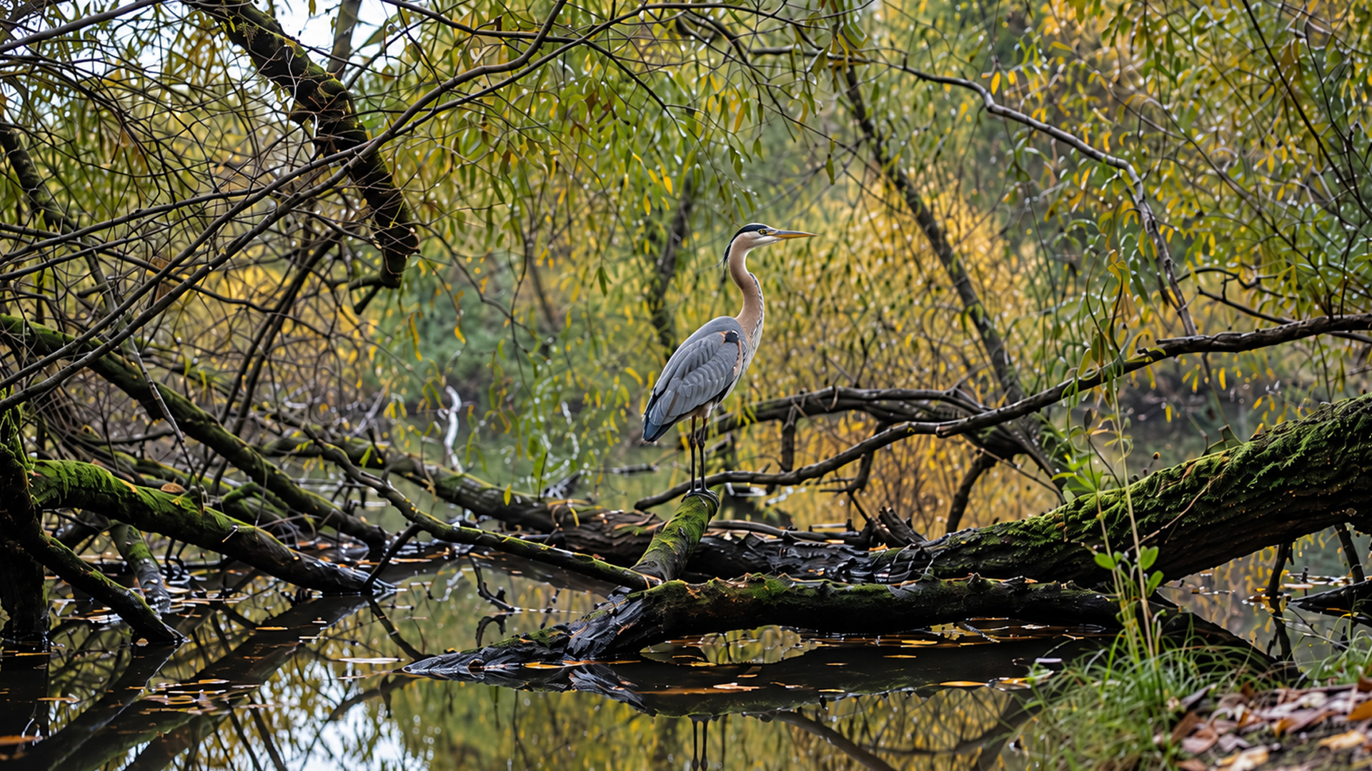 Wildcamera legt een blauwe reiger vast die rust boven een stille bosvijver