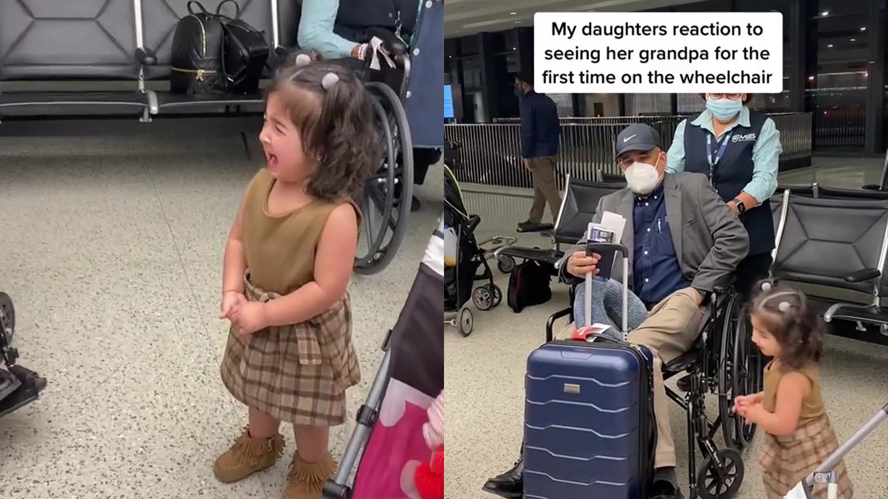 Devastating moment as girl sees grandfather in wheelchair for first time