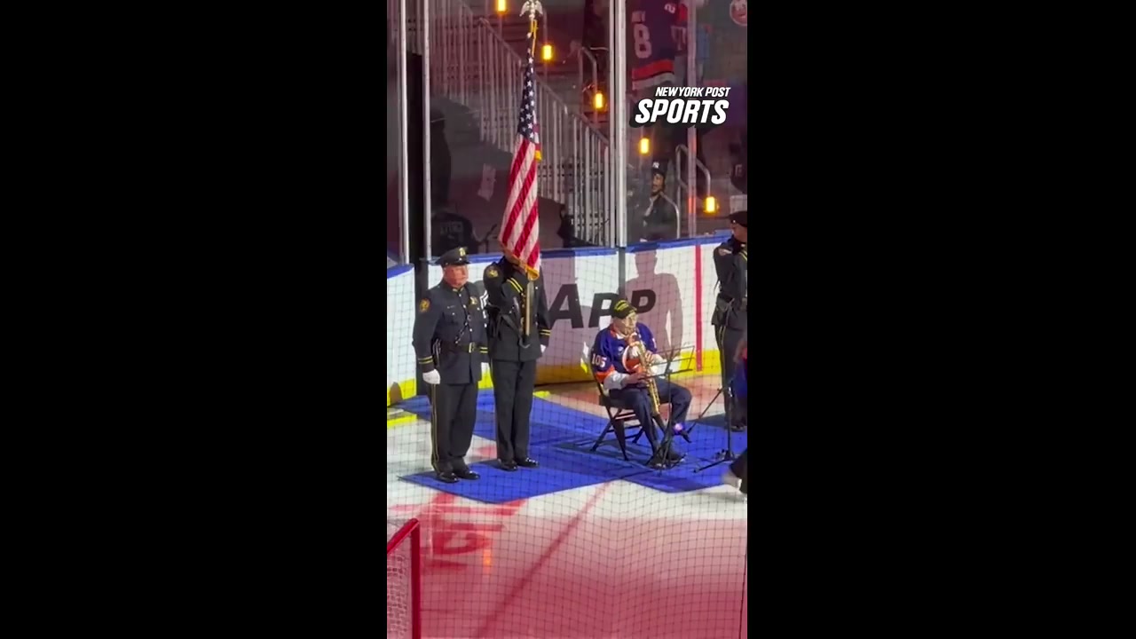 105-year-old WWII vet plays national anthem at UBS Arena