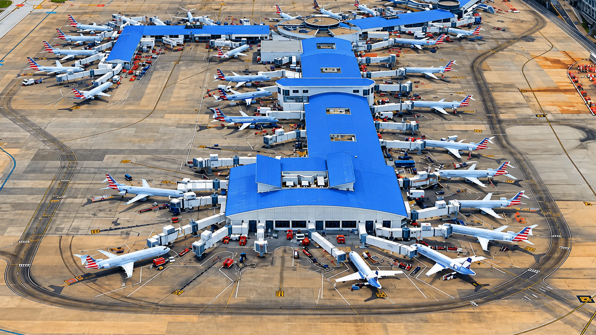 Charlotte Douglas International Airport packed with aircraft at the gates