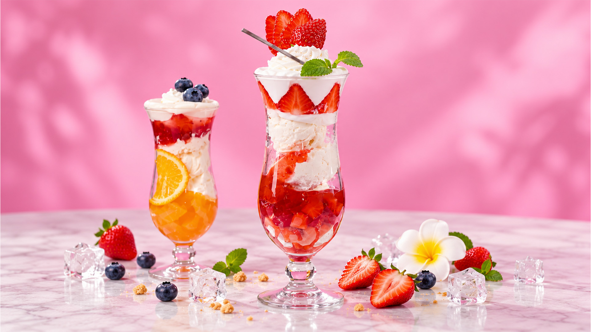 Gelaagde aardbeienparfait met gelei en slagroom