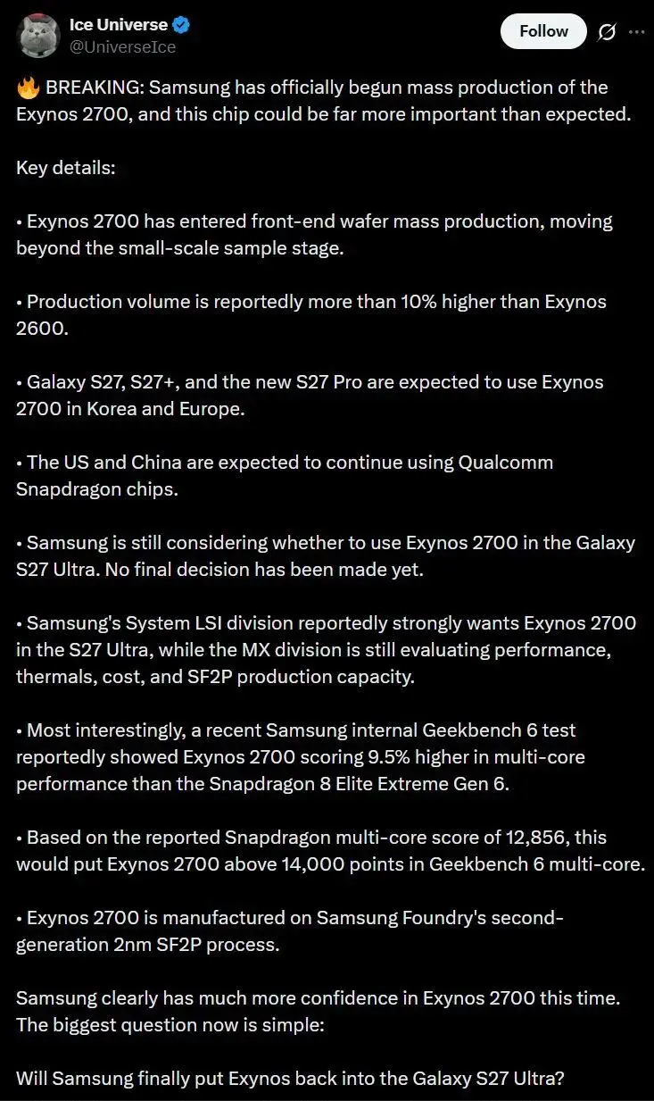 Galaxy S27, il nuovo processore è già in produzione: Samsung ha però un ...