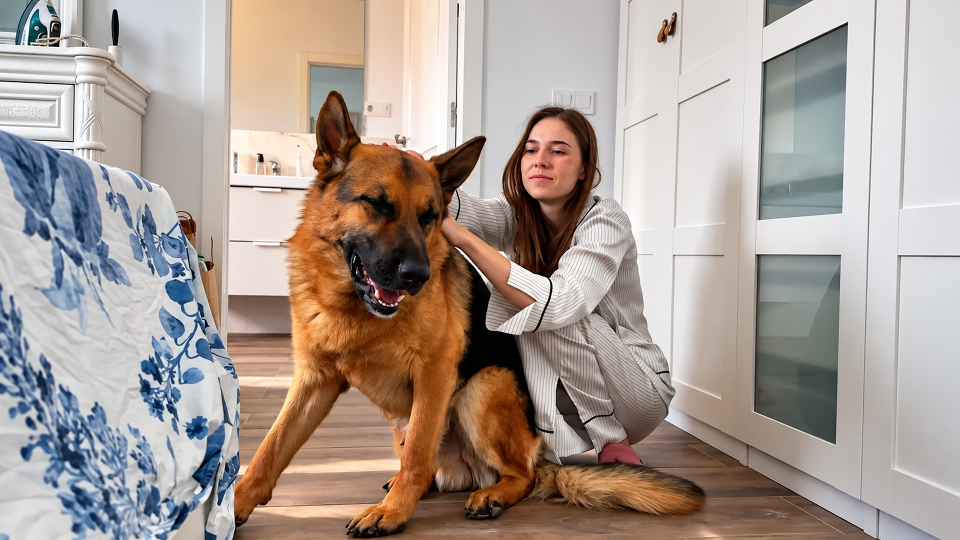 German shepherd gives his human mom a happy morning welcome