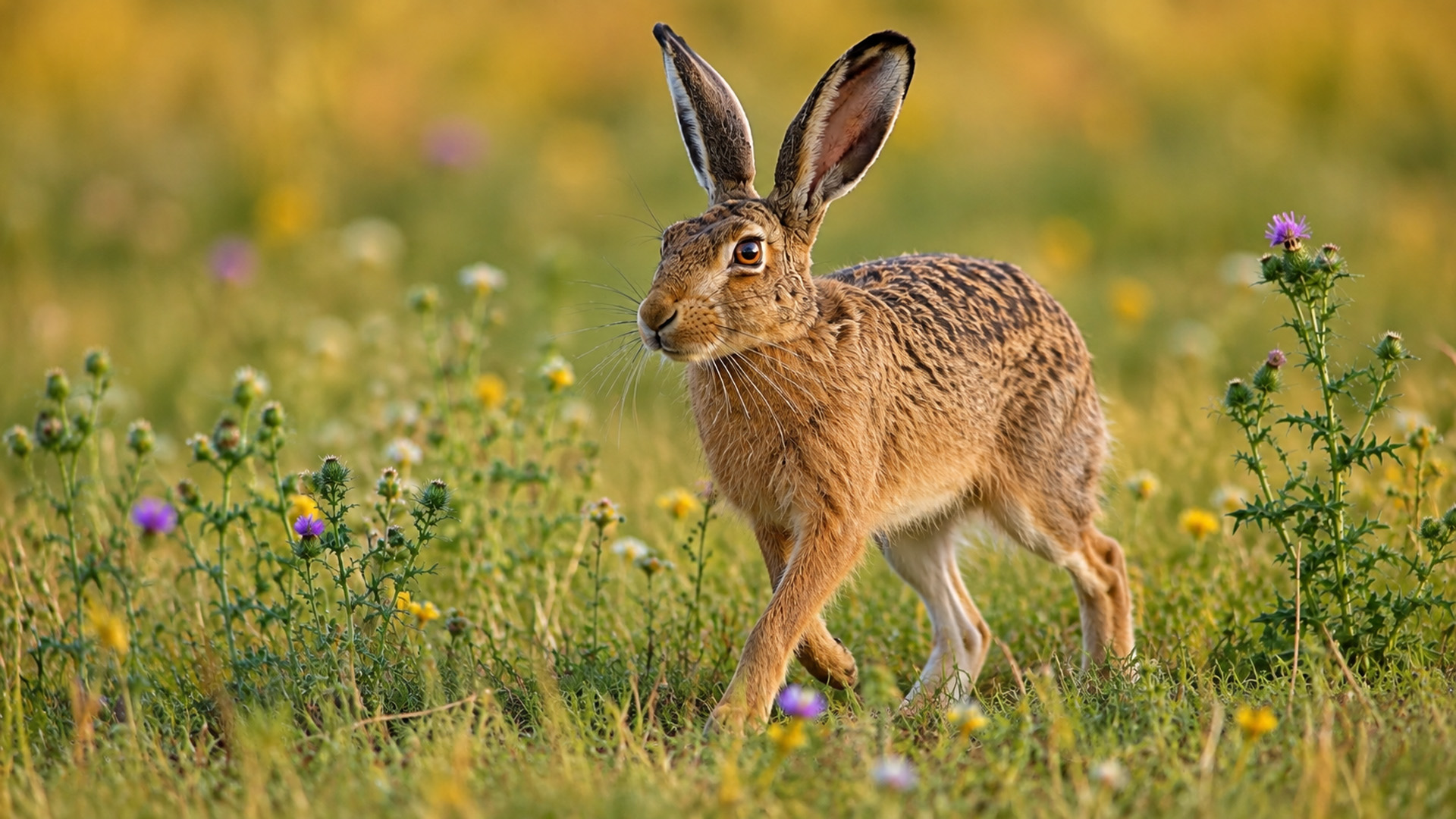 European hare moves through a flowering meadow on hidden camera