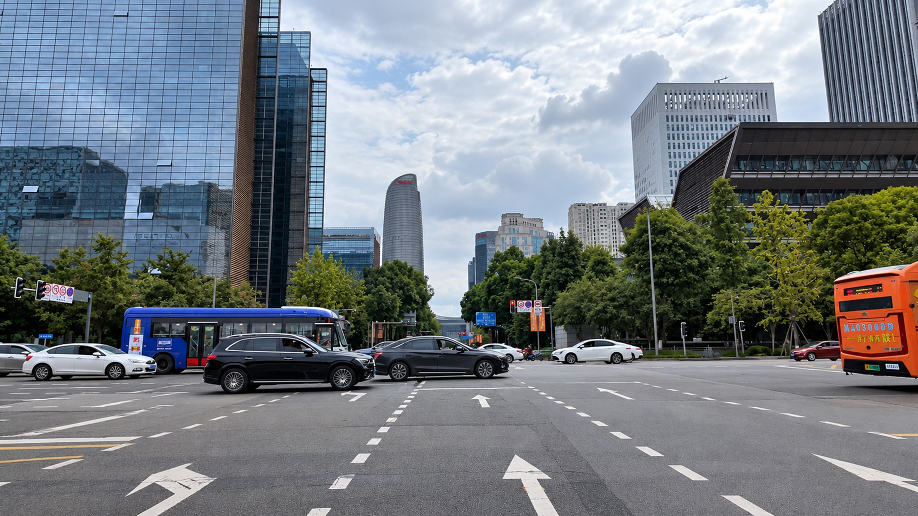 China’s modern skyline frames a busy yet open intersection