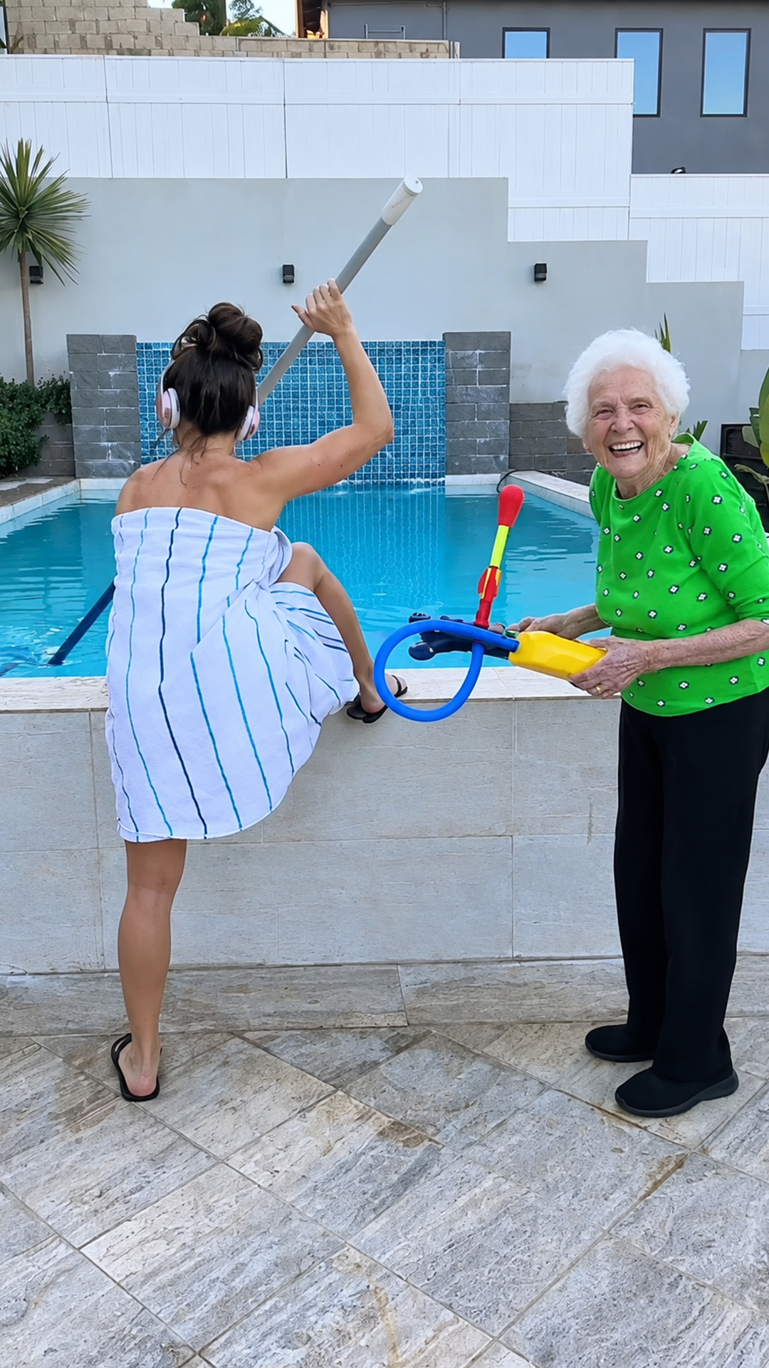 Poolside rocket prank takes a funny turn