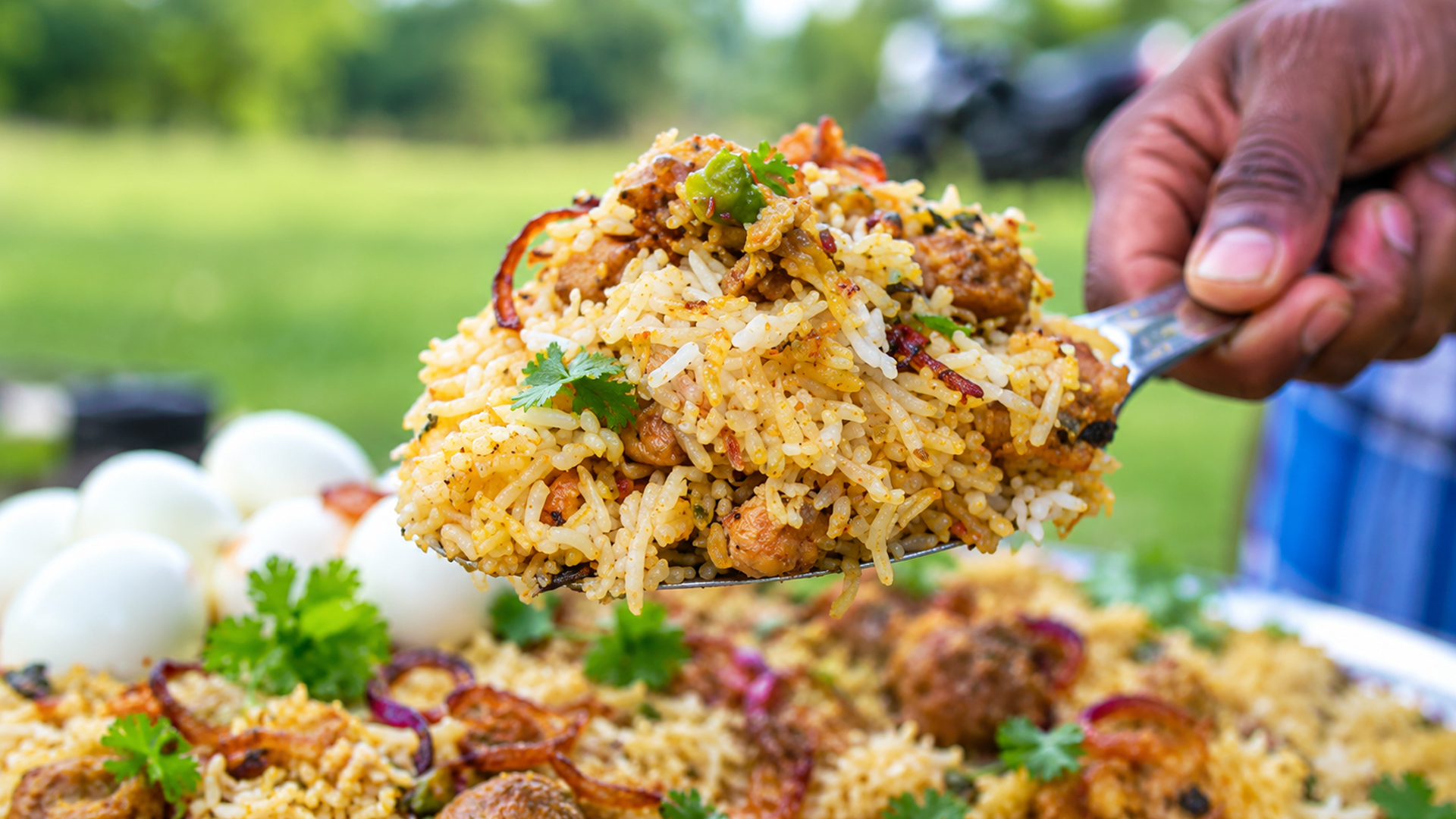 Traditional Hyderabadi style prawns dum biryani cooked in village