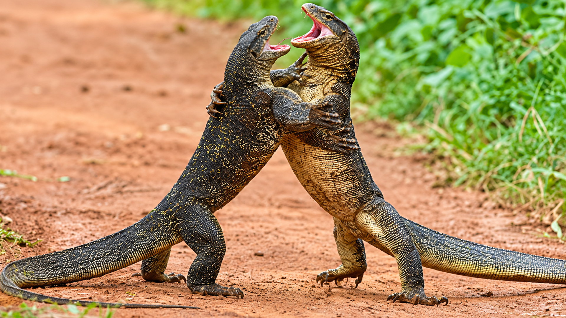 Two giant lizards go head to head at the zoo