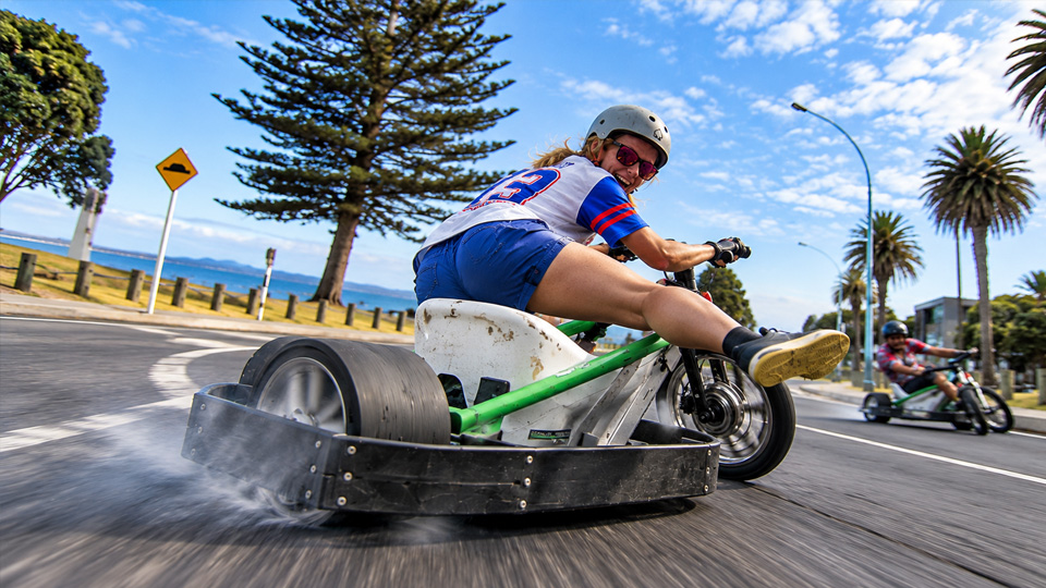 Motorized drift trike pushes through fast corners
