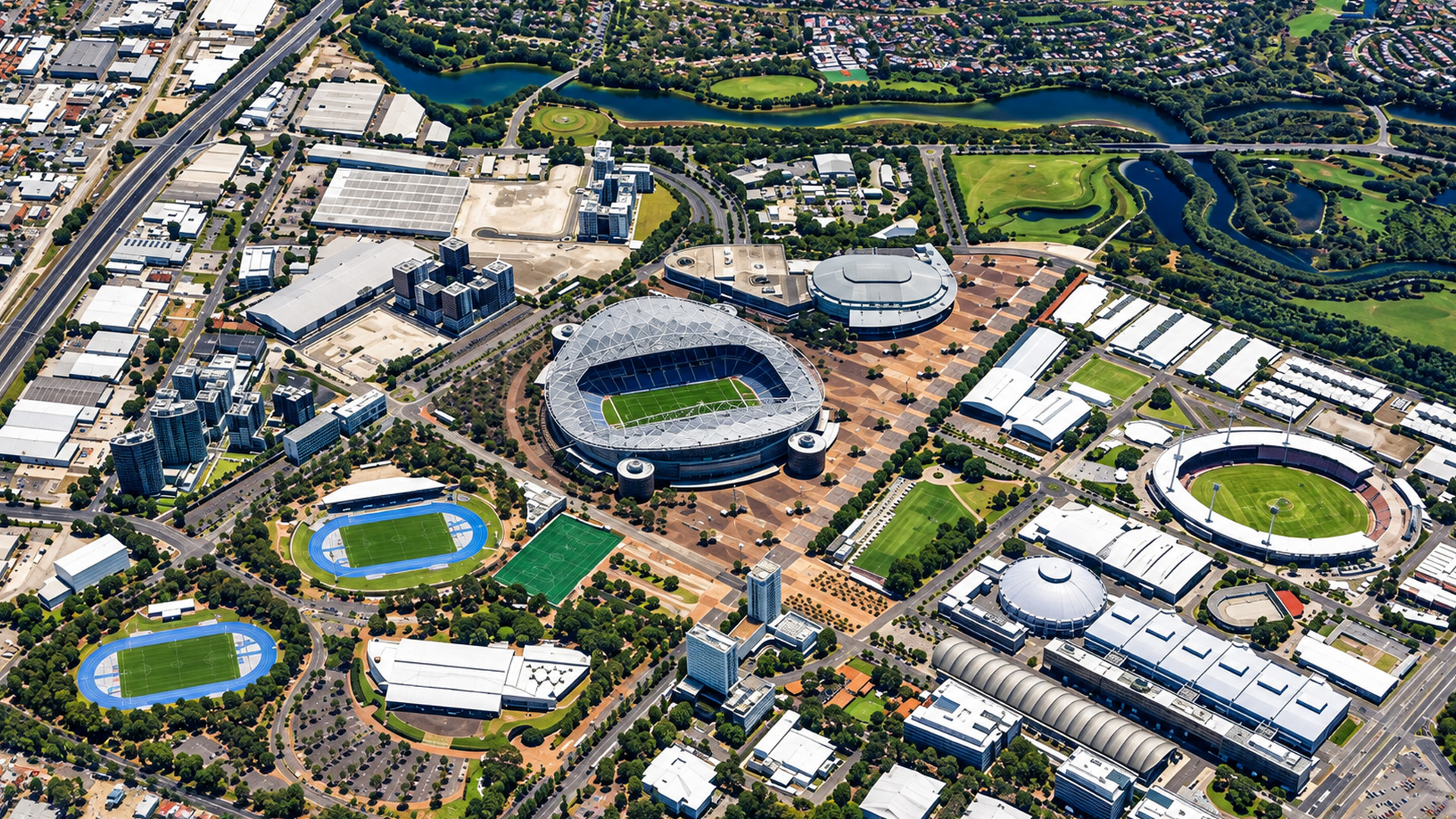 Accor Stadium from above in Sydney Olympic Park