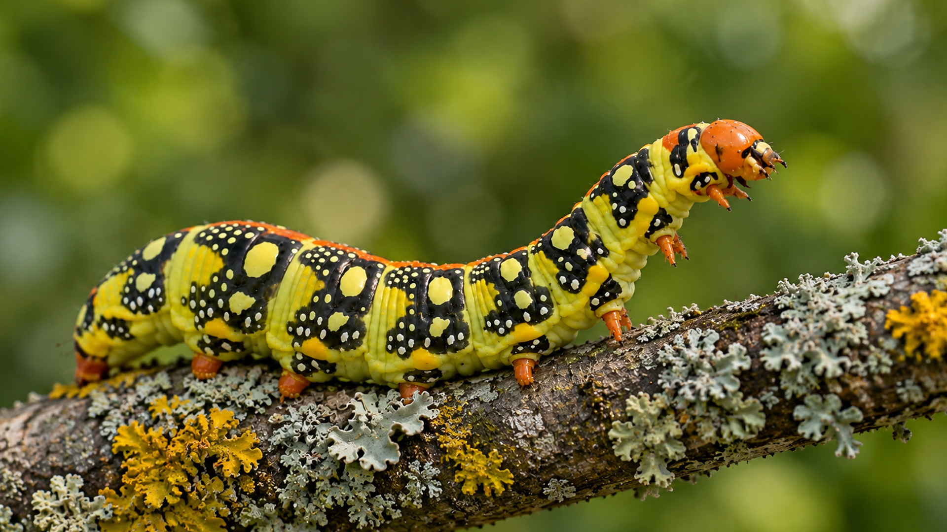 Una oruga de colores cruza una rama del bosque captada por cámara oculta