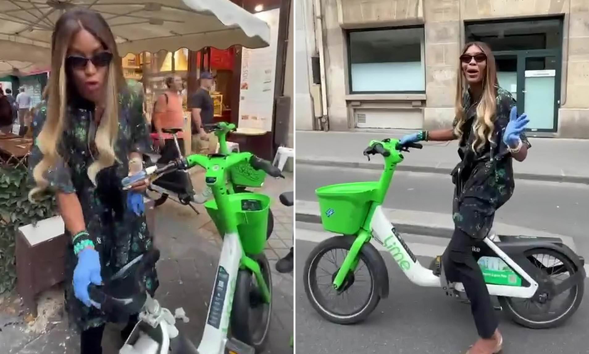 Self-confessed germaphobe Naomi Campbell wipes down a Lime bike and wears gloves between PFW shows