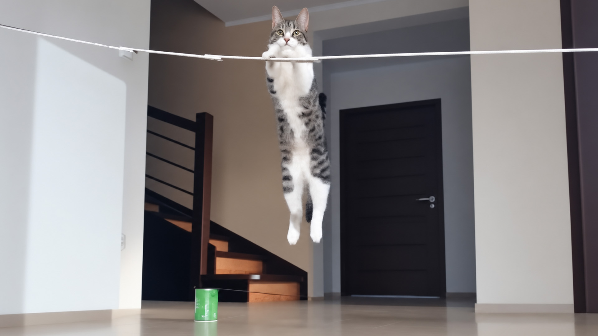 Athletic cat turns a simple rope into a midair challenge