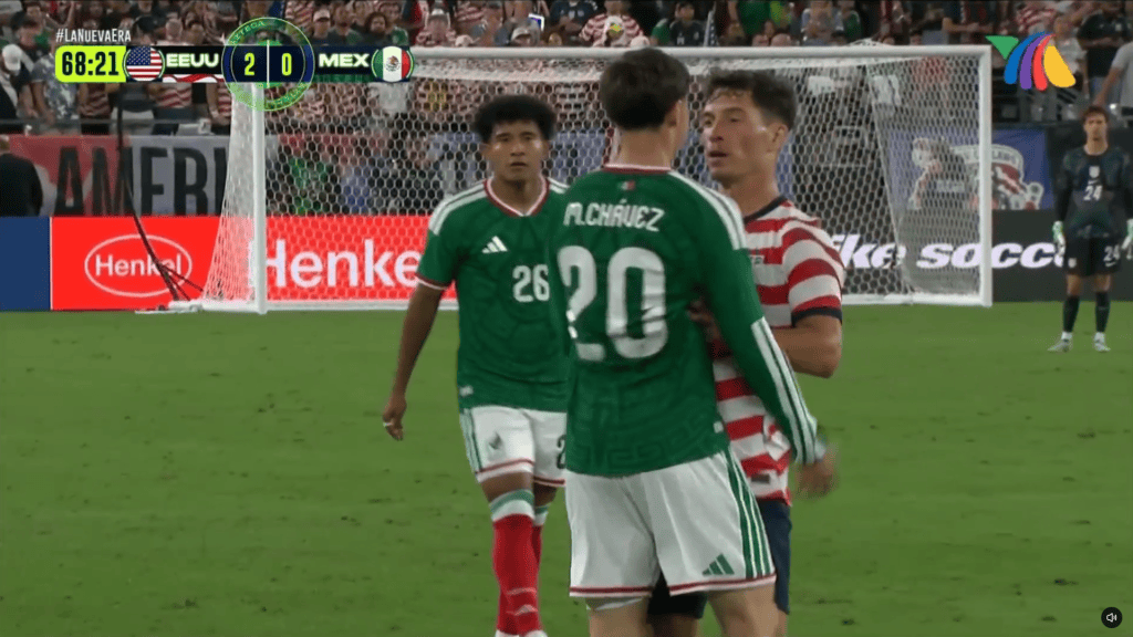 Sebastian Berhalter shoves Mateo Chavez after he committed a foul on Yunus Musah. X @roger21footy