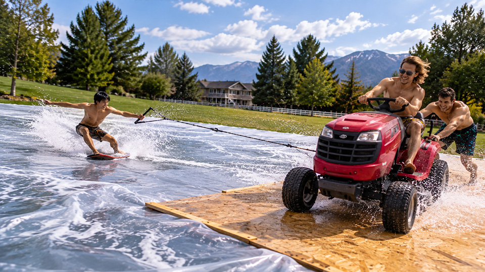 Lawn mower tows riders through a giant slide