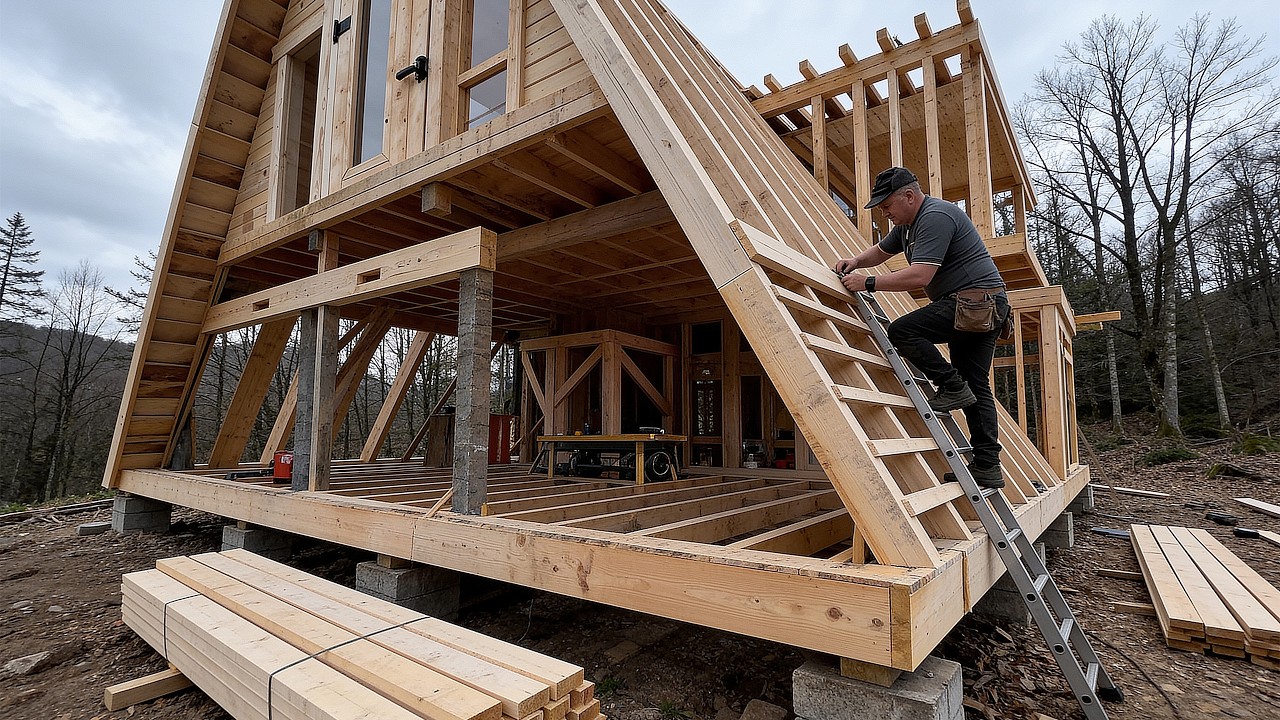 Man builds the most hidden A-frame house in the forest | Start to finish