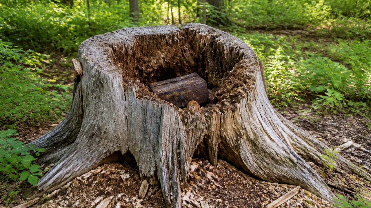 Treasure hunt inside an old stump ends with an unexpected discovery