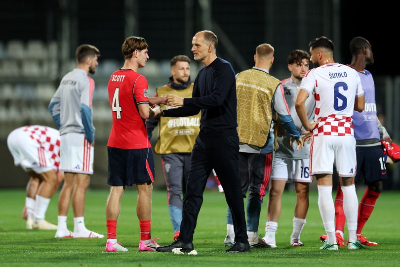 RIJEKA, CROATIA - OCTOBER 03: Thomas Tuchel, Head Coach of England, interacts with Alex Scott following the UEFA Nations League 2026/27 group phase match between Croatia and England at Stadion HNK Rijeka on October 03, 2026 in Rijeka, Croatia. (Photo by Michael Regan - The FA/The FA via Getty Images)