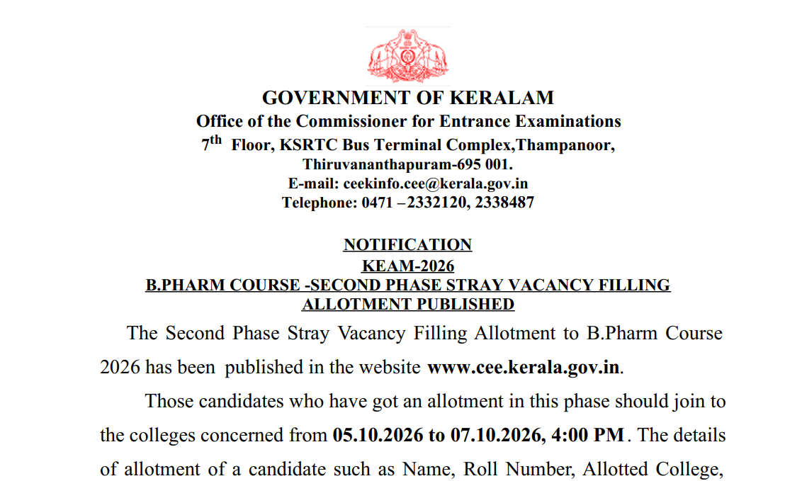 CEE Kerala BPharm phase 2 stray vacancy allotment 2026 released: How to ...