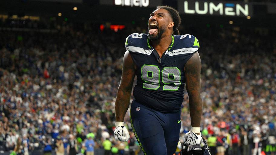 Sep 9, 2026; Seattle, Washington, USA; Seattle Seahawks defensive tackle Leonard Williams (99) celebrates after an interception to seal the win against the New England Patriots during the fourth quarter at Lumen Field. | IMAGN IMAGES via Reuters Connect