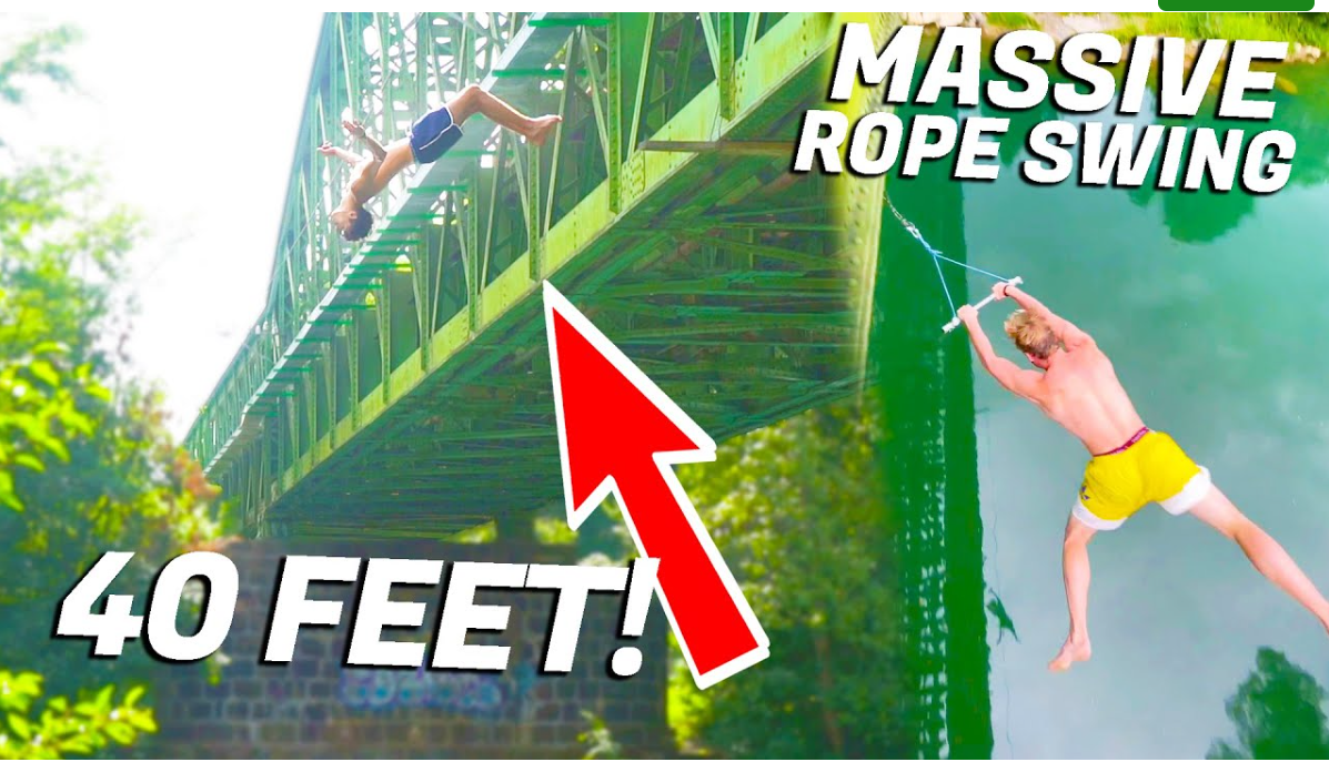 40 foot bridge jump turns into a wild rope swing