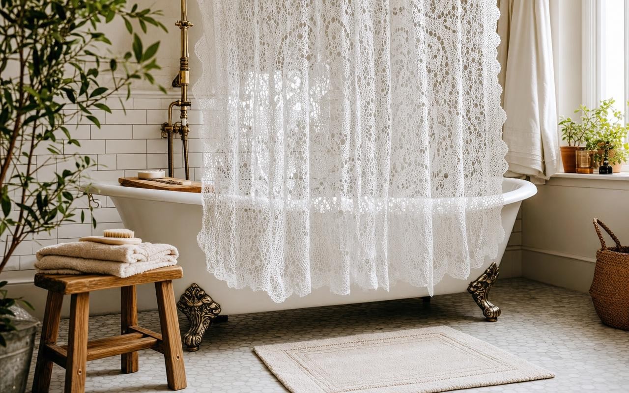 Ni coton ni lin : ce tissu ajouré devant la baignoire donne un charme ...