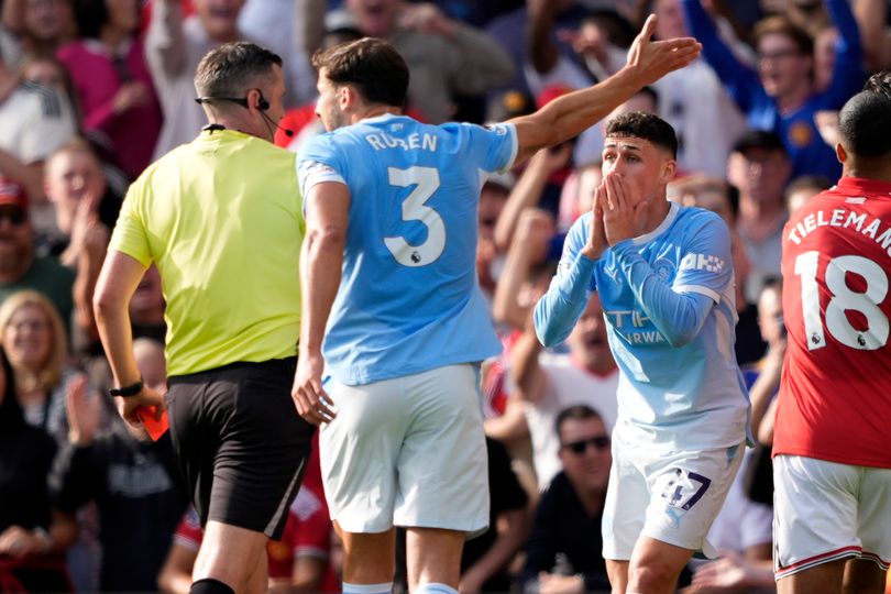 Manchester City's Phil Foden was sent off against Manchester United and will now miss a number of games.