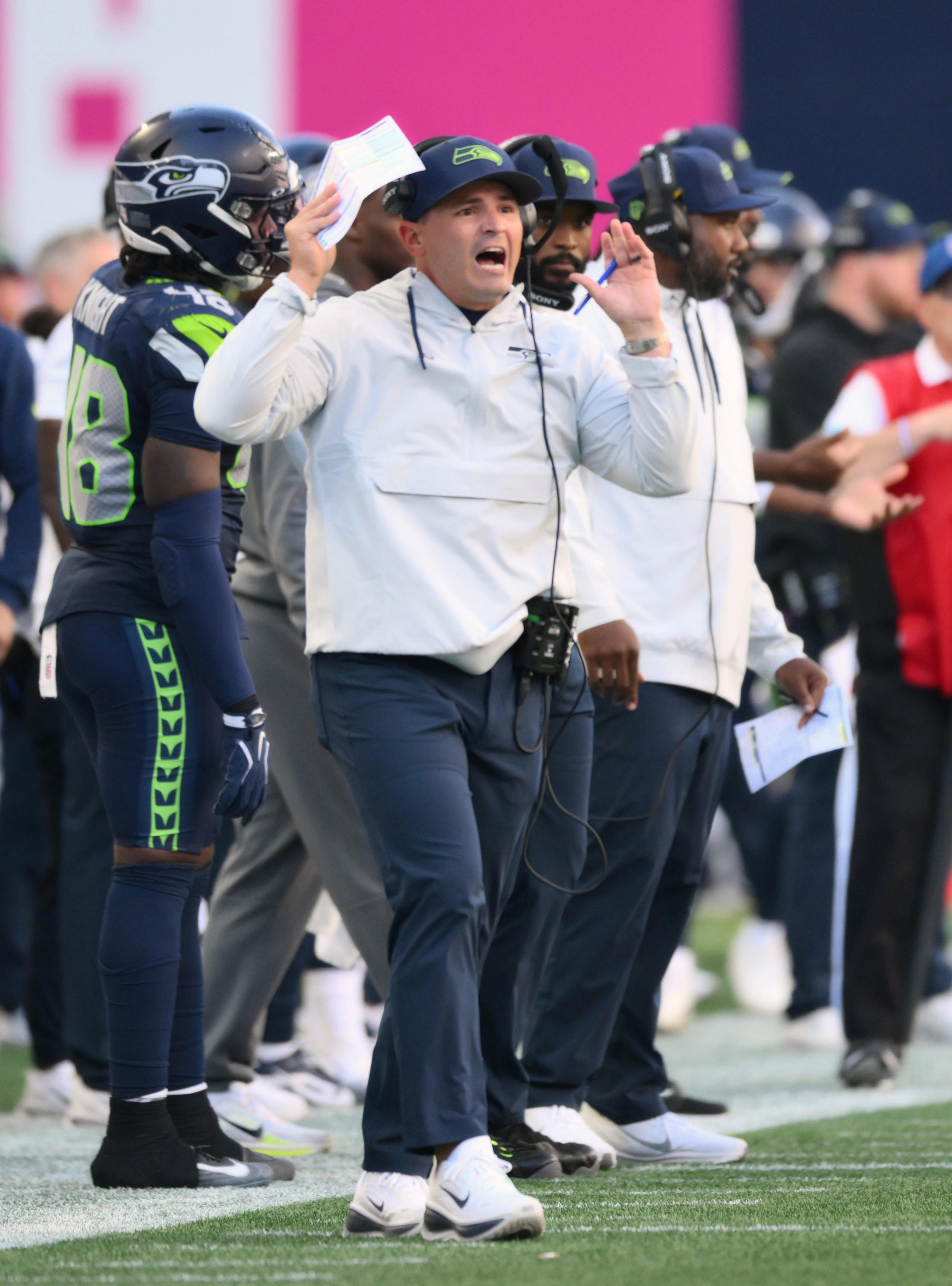 Oct 4, 2026; Seattle, Washington, USA; Seattle Seahawks head coach Mike MacDonald reacts after a play against the Los Angeles Chargers during the second half at Lumen Field. Mandatory Credit: Steven Bisig-Imagn Images