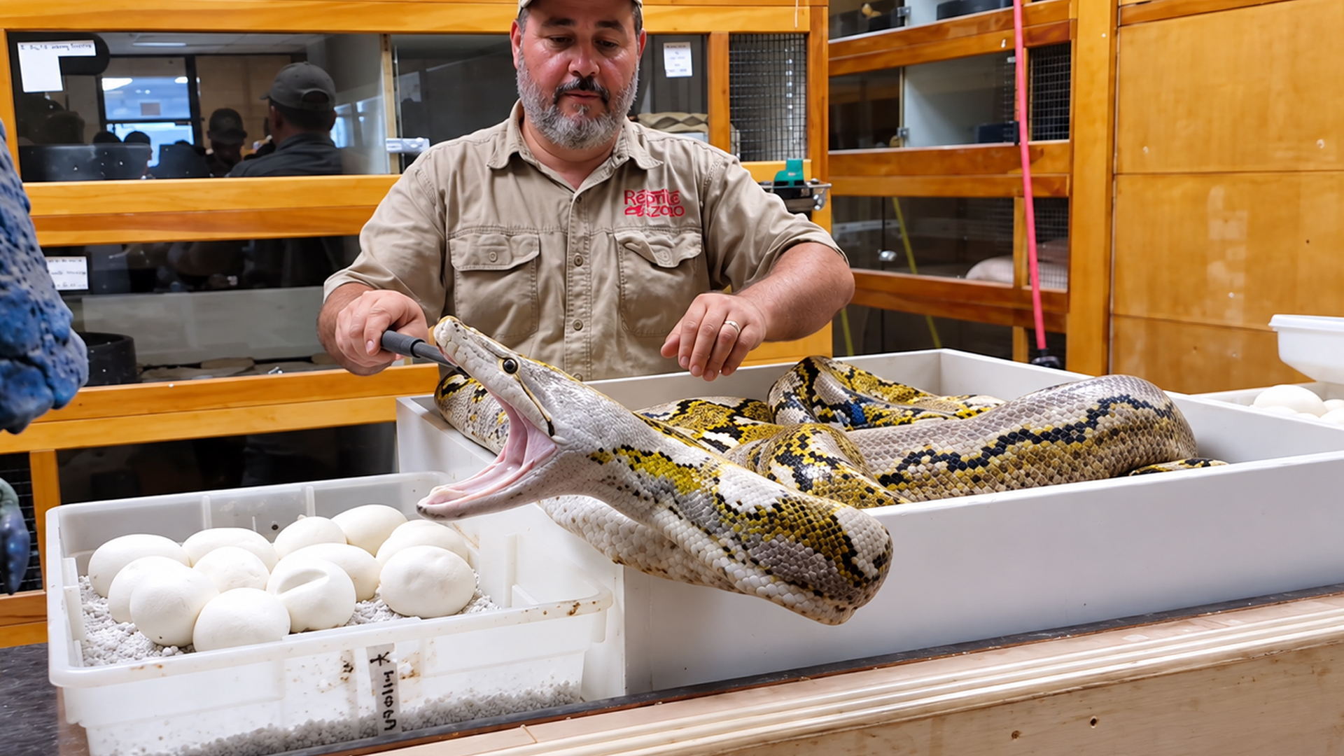 Snake breeder faces a furious mother python guarding a massive clutch