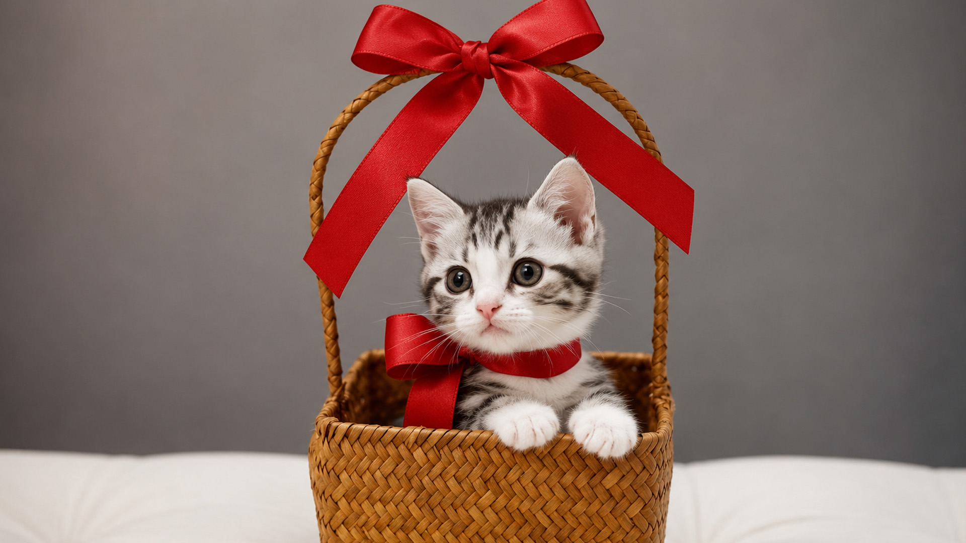 Little kitten peeks out of a basket with red ribbons