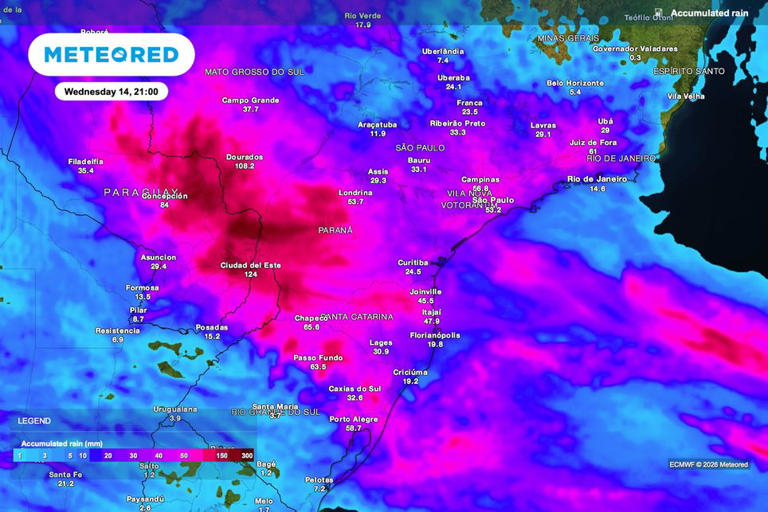 Previsão de chuva acumulada até quarta-feira (14), às 21h.