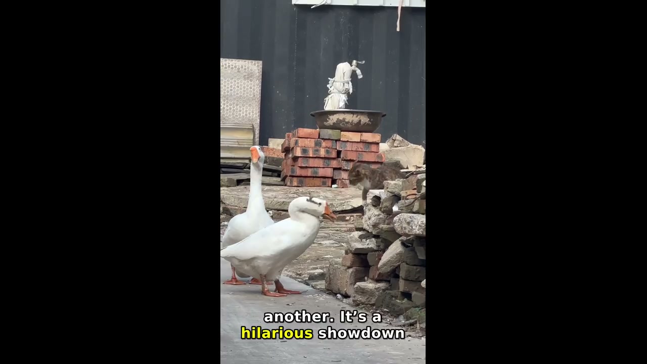 Cat defends itself against goose on brick pile in Anhui, China